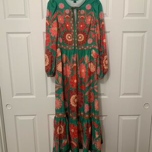 Boho Floral Green and Red Maxi Dress